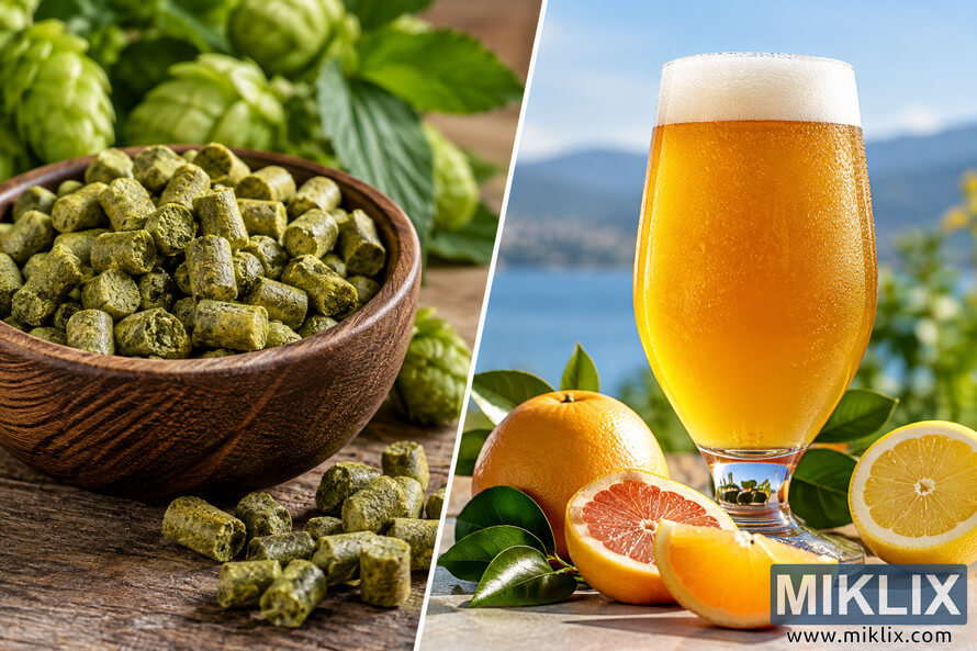 Split landscape image with green hop pellets in a wooden bowl beside fresh hop cones on the left, and a cold golden beer with a white foam head, oranges, grapefruit, lemon, and green citrus leaves on the right.