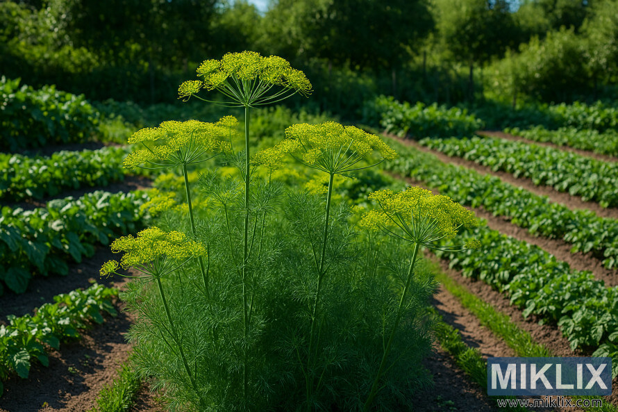 Bouquet dâaneth avec des feuilles plumeuses et des ombelles jaunes poussant dans un potager ensoleillÃ©