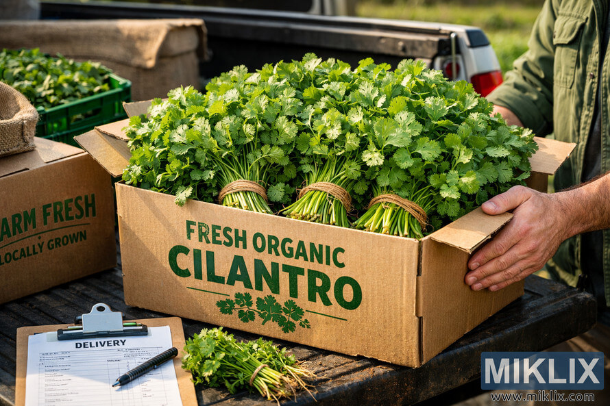 A cardboard box labeled 'Fresh Organic Cilantro' filled with vibrant green cilantro bundles tied with twine, placed on a truck bed beside a clipboard with a delivery invoice and a pen, with a delivery person in a green jacket preparing the box for transport. A cardboard box labeled 'Fresh Organic Cilantro' filled with vibrant green cilantro bundles tied with twine, placed on a truck bed beside a clipboard with a delivery invoice and a pen, with a delivery person in a green jacket preparing the box for transport.