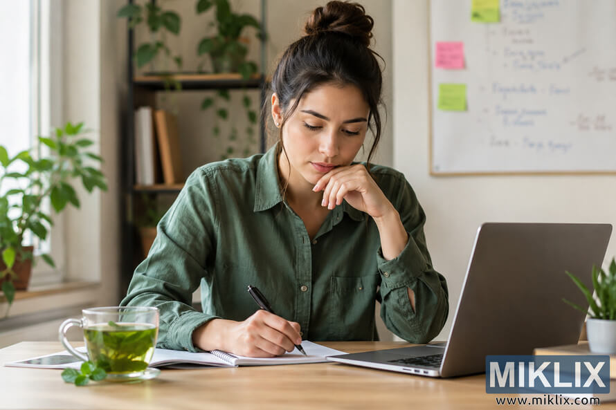 A focused young professional writing in a notebook at a wooden desk beside a glass cup of fresh mint tea in a bright, plant-filled home office with a laptop and natural daylight. A focused young professional writing in a notebook at a wooden desk beside a glass cup of fresh mint tea in a bright, plant-filled home office with a laptop and natural daylight.