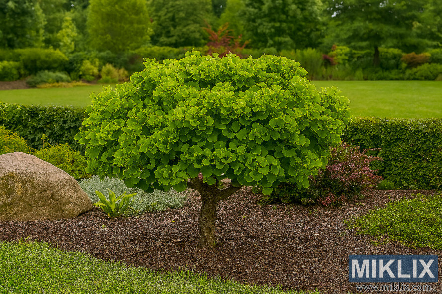 Photo de paysage dâun ginkgo nain Mariken Ã  la forme dense et arrondie dans un jardin bien entretenu