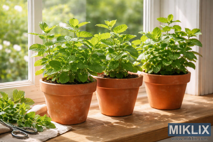 Three lush mint plants growing in terracotta pots on a bright wooden windowsill with sunlight and gardening tools nearby