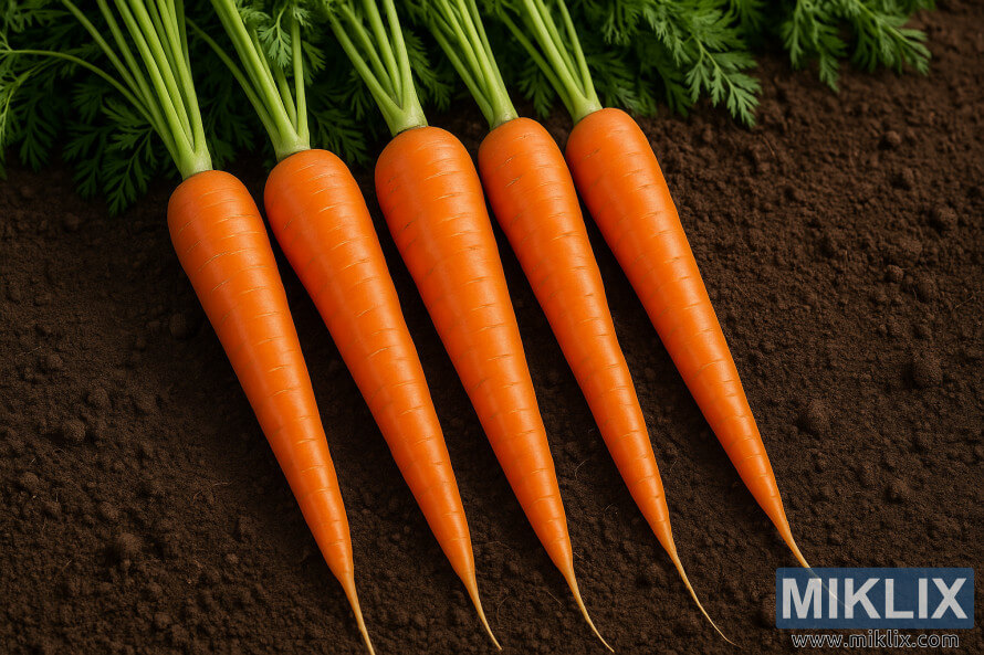 Fila de zanahorias Imperator reciÃ©n cosechadas que muestran raÃ­ces anaranjadas largas y delgadas en suelo oscuro