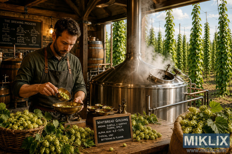 Landscape illustration of a professional brewer carefully measuring Whitbread Golding hops beside a steaming stainless steel brewing kettle inside a rustic craft brewery, with fresh hop cones, wooden barrels, brewing equipment, and vibrant hop vines climbing trellises in the background under warm natural lighting. Landscape illustration of a professional brewer carefully measuring Whitbread Golding hops beside a steaming stainless steel brewing kettle inside a rustic craft brewery, with fresh hop cones, wooden barrels, brewing equipment, and vibrant hop vines climbing trellises in the background under warm natural lighting.