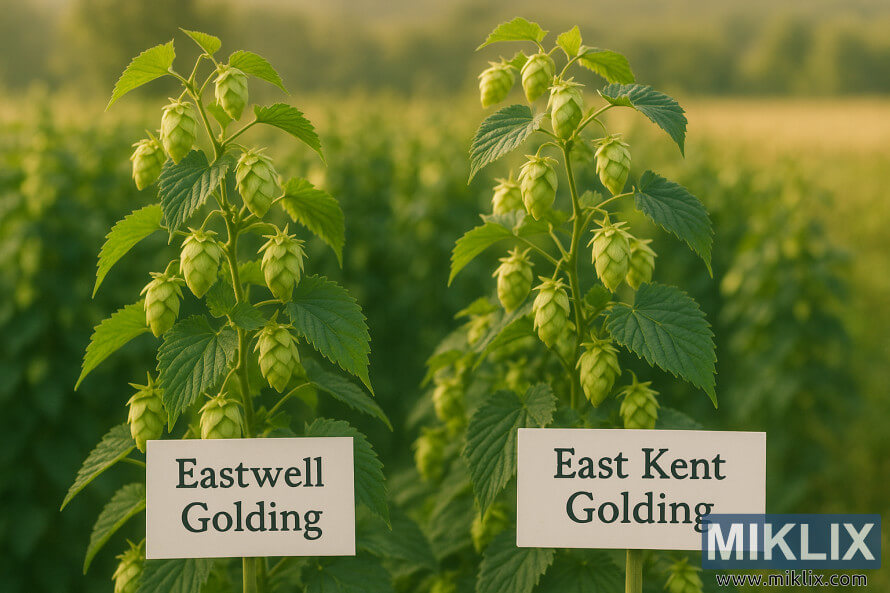 Krupni plan biljaka hmelja Eastwell Golding i East Kent Golding jedna pored druge, sa zelenim ÄeÅ¡erima i listovima obasjanim zlatnom sunÄevom svjetloÅ¡Äu u bujnom polju hmelja. Krupni plan biljaka hmelja Eastwell Golding i East Kent Golding jedna pored druge, sa zelenim ÄeÅ¡erima i listovima obasjanim zlatnom sunÄevom svjetloÅ¡Äu u bujnom polju hmelja.