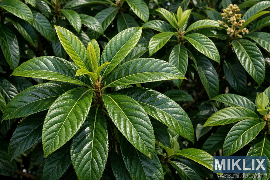 Close-up of healthy loquat tree leaves with glossy green texture and pest-free foliage in natural light. Close-up of healthy loquat tree leaves with glossy green texture and pest-free foliage in natural light.