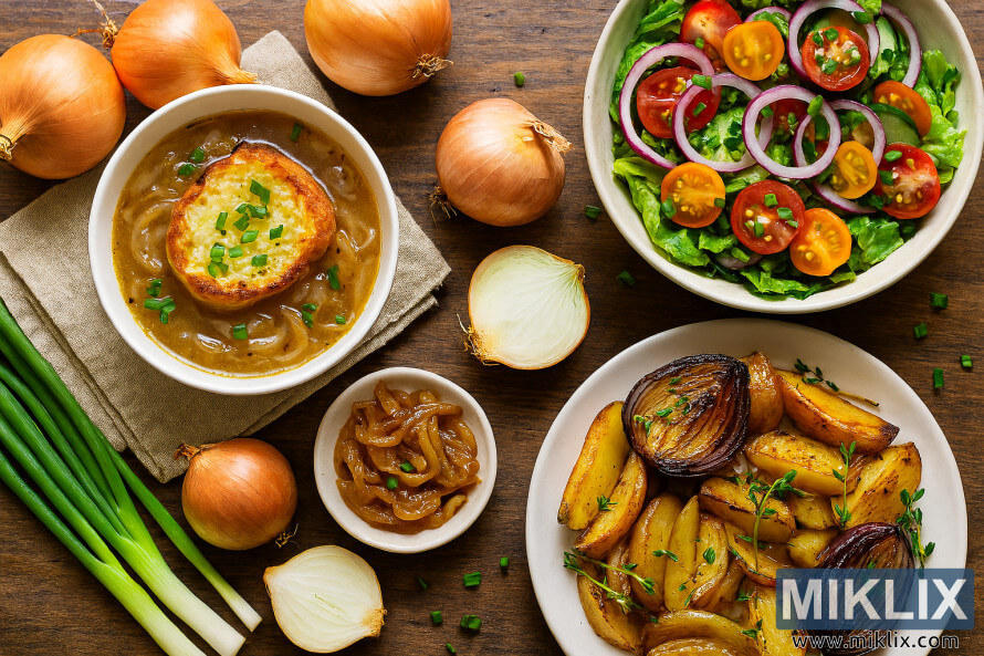 Overhead view of onion soup, salad, roasted vegetables, and fresh onions on a wooden table