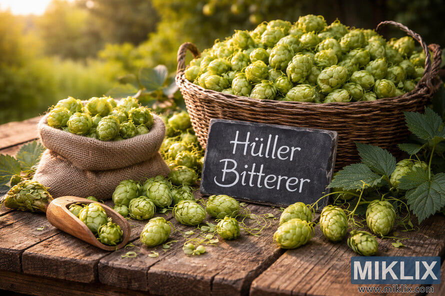Fresh Hüller Bitterer hops displayed in a woven basket and burlap sack on a rustic wooden table in warm sunlight. Fresh Hüller Bitterer hops displayed in a woven basket and burlap sack on a rustic wooden table in warm sunlight.