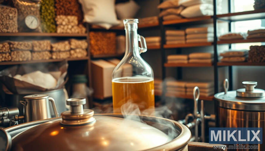 Tutup-up tina ketel brew tambaga, carboy kaca, sarta parabot brewing dina setelan artisanal haneut, cozy kalawan hops na malts.