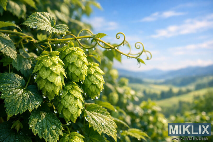 Close-up of Southern Promise hop cones with dew drops in soft morning light, set against rolling hills and a blue sky.