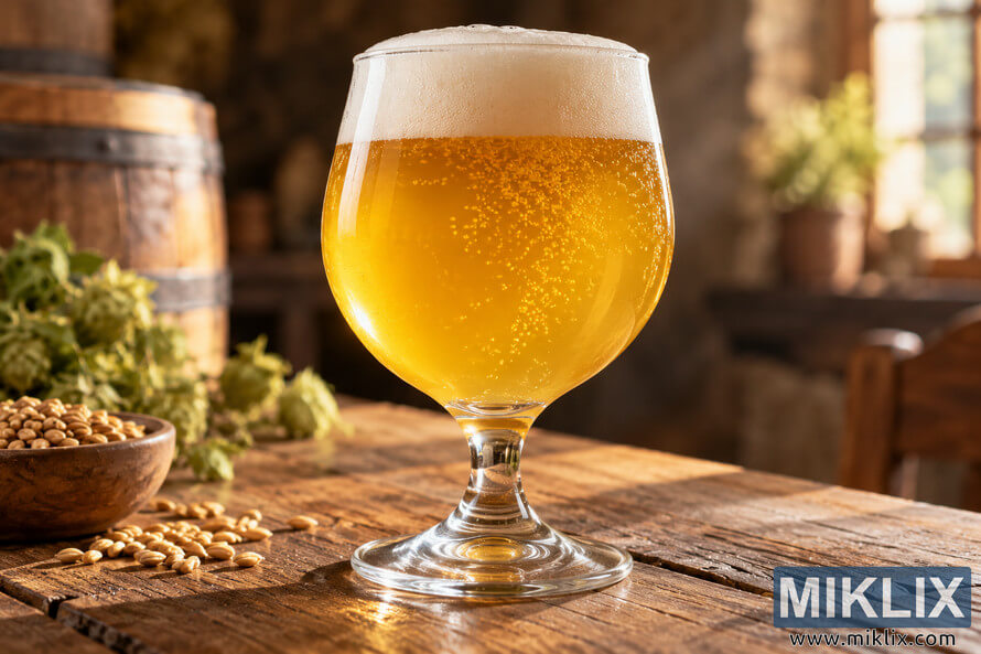 Tulip-shaped glass of golden ale with a creamy foam head and visible bubbles on a rustic wooden table, with grains, hops, a barrel, and a softly blurred warm interior behind it. Tulip-shaped glass of golden ale with a creamy foam head and visible bubbles on a rustic wooden table, with grains, hops, a barrel, and a softly blurred warm interior behind it.