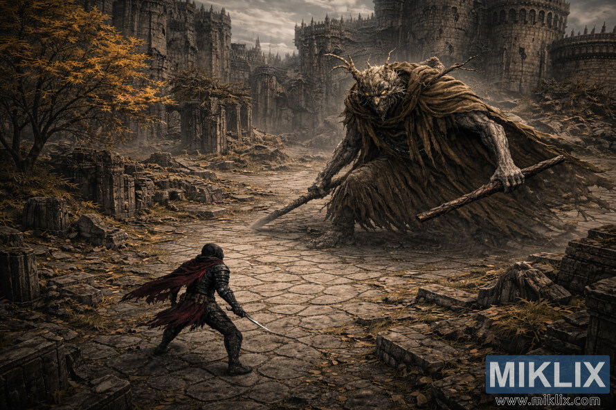 Wide isometric dark fantasy scene of an armored warrior facing a towering horned monster in a ruined gothic castle courtyard.