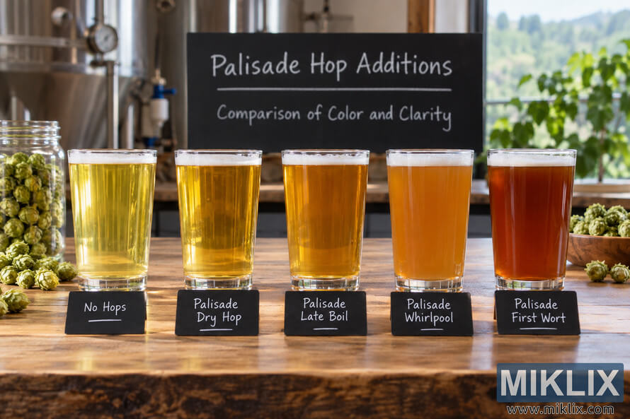 Five beer samples in matching glasses compare color and clarity across no-hop, dry-hop, late-boil, whirlpool, and first-wort Palisade hop additions, ranging from pale clear yellow to hazy deep amber. Five beer samples in matching glasses compare color and clarity across no-hop, dry-hop, late-boil, whirlpool, and first-wort Palisade hop additions, ranging from pale clear yellow to hazy deep amber.