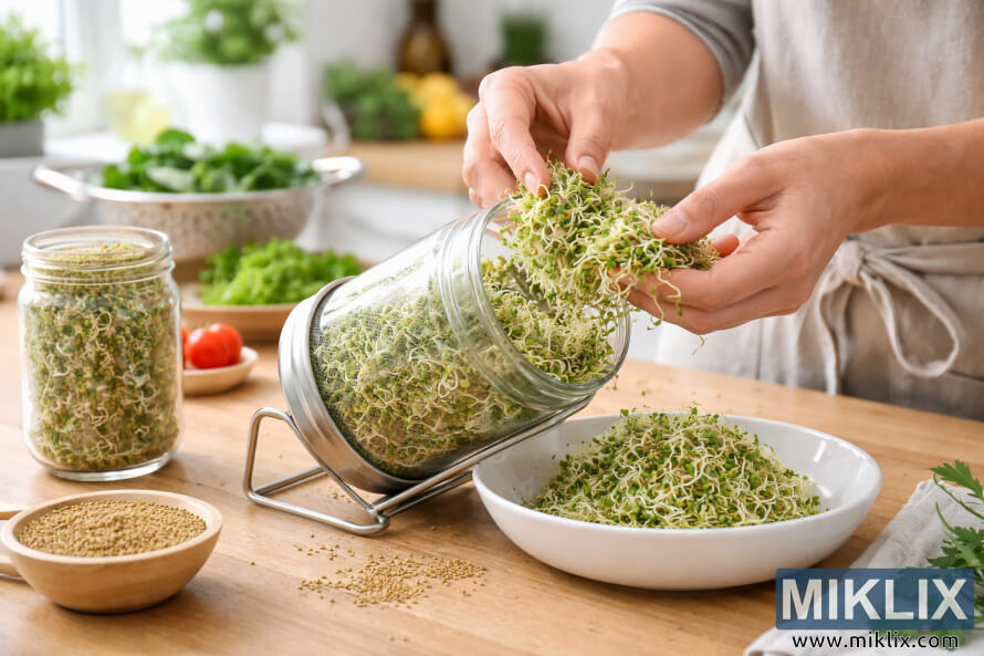 Des mains rÃ©coltent des pousses de luzerne fraÃ®ches d'un bocal Ã  germination en verre et les dÃ©posent dans un bol blanc sur un comptoir de cuisine en bois.