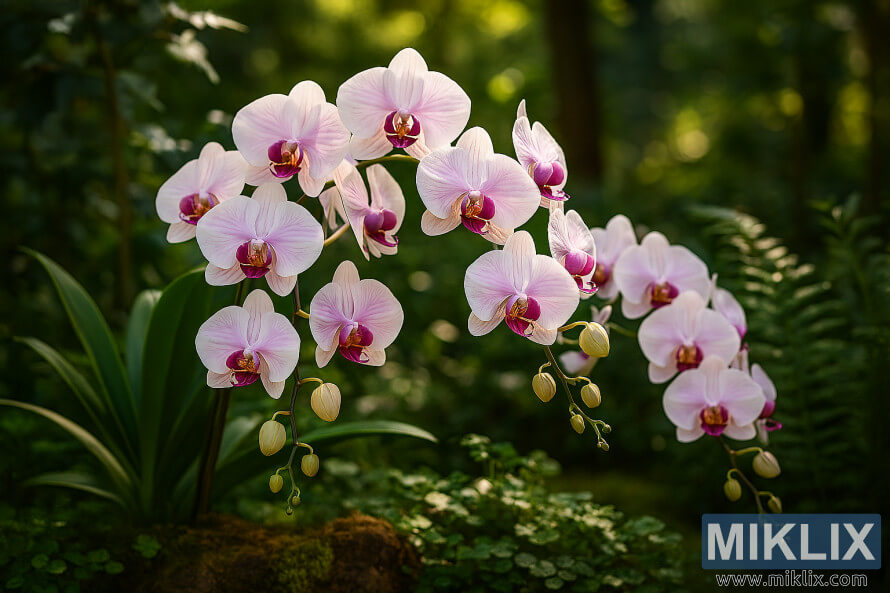 OrchidÃ©es Phalaenopsis, blanches et roses, fleurissant sur des tiges arquÃ©es dans un jardin ensoleillÃ© avec un feuillage vert luxuriant