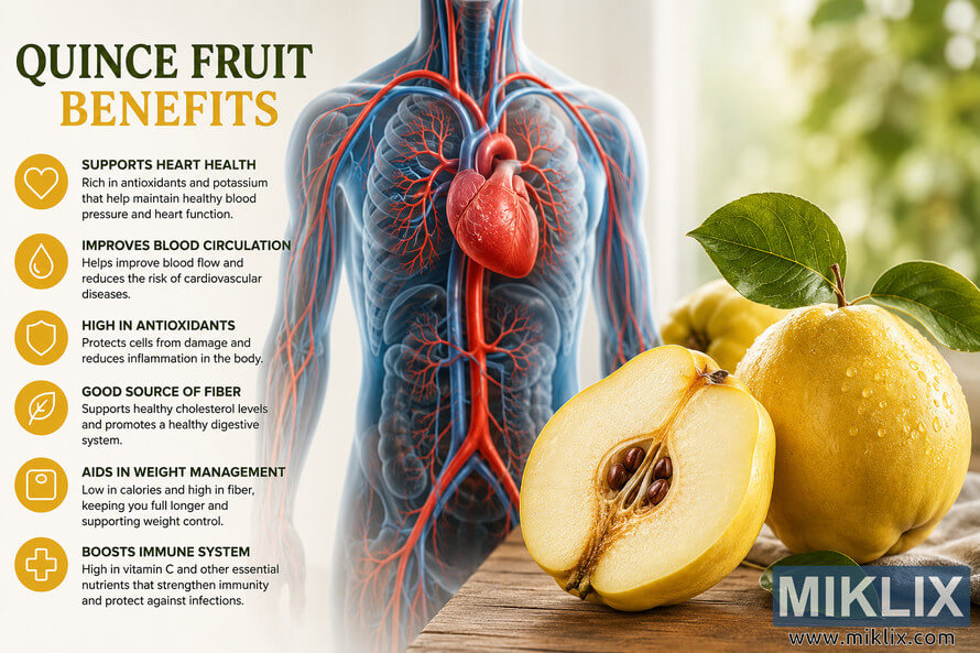 Illustration of a healthy human heart and cardiovascular system beside fresh quince fruits, highlighting the nutritional and heart-health benefits of quince in a bright medical and wellness themed composition. Illustration of a healthy human heart and cardiovascular system beside fresh quince fruits, highlighting the nutritional and heart-health benefits of quince in a bright medical and wellness themed composition.