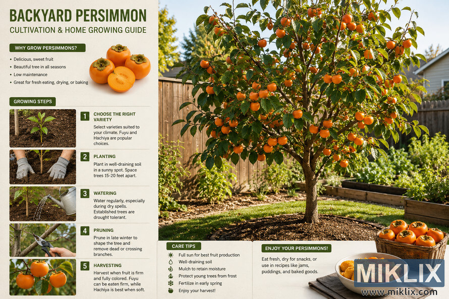 Landscape-oriented infographic showing a thriving backyard persimmon tree filled with ripe orange fruit alongside step-by-step home growing instructions for planting, watering, pruning, and harvesting persimmons.