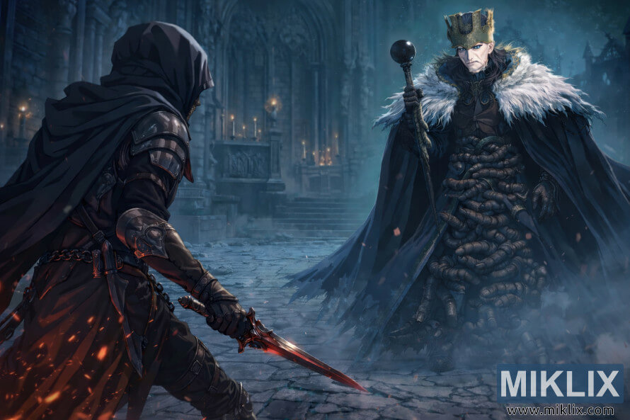 Anime-style scene of the Tarnished in Black Knife armor cautiously approaching an aged, crowned Count Ymir inside a dark gothic cathedral moments before combat. Anime-style scene of the Tarnished in Black Knife armor cautiously approaching an aged, crowned Count Ymir inside a dark gothic cathedral moments before combat.