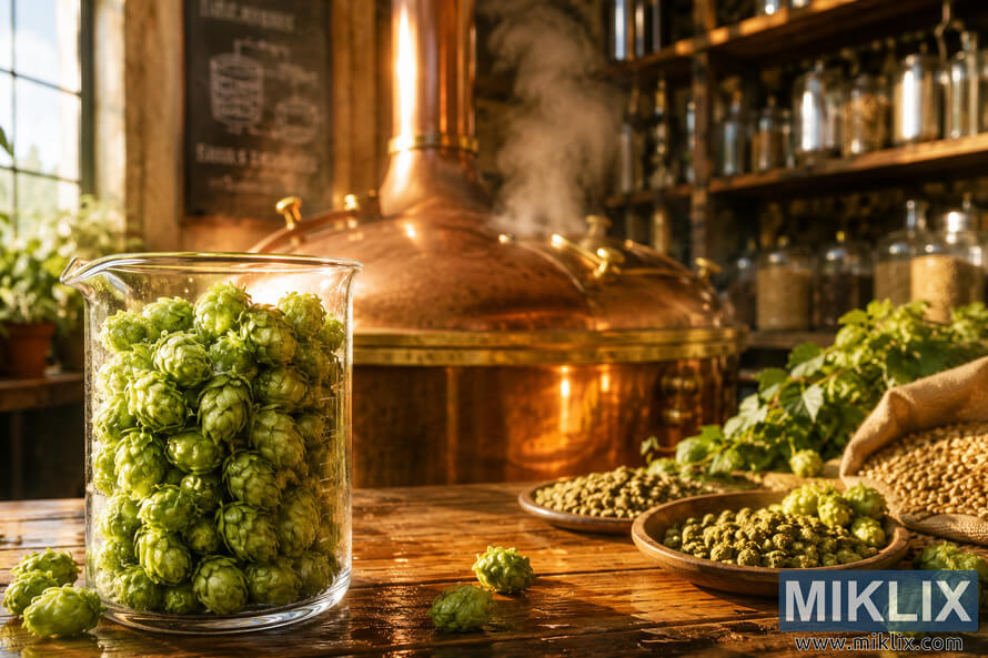 Glass beaker filled with fresh green hop flowers on a wooden brewery table beside steaming copper brew kettles and brewing ingredients in warm afternoon light. Glass beaker filled with fresh green hop flowers on a wooden brewery table beside steaming copper brew kettles and brewing ingredients in warm afternoon light.