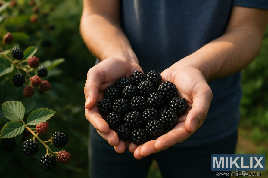 Des mains tenant dÃ©licatement des mÃ»res fraÃ®chement cueillies, avec des feuilles vertes et des buissons de baies en arriÃ¨re-plan.