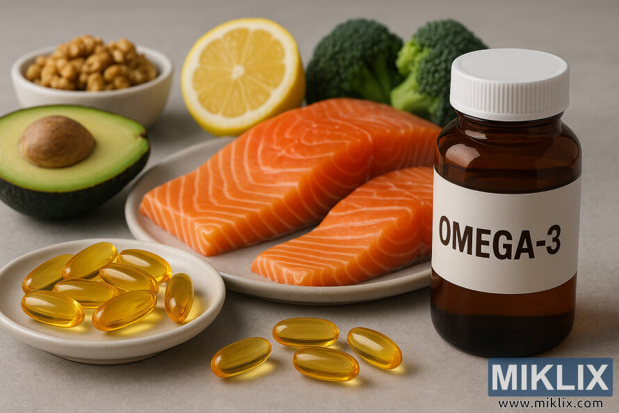 Omega-3 fish oil capsules with salmon, avocado, broccoli, lemon, and walnuts on a gray surface.