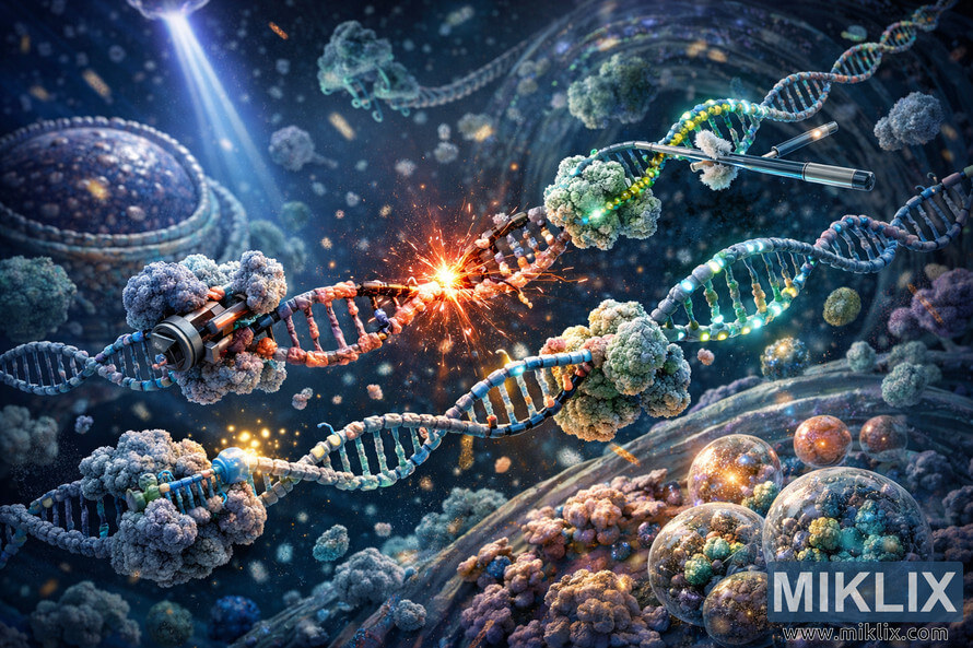 Digital illustration showing DNA repair proteins fixing a damaged double helix inside a cell nucleus with glowing molecular structures. Digital illustration showing DNA repair proteins fixing a damaged double helix inside a cell nucleus with glowing molecular structures.