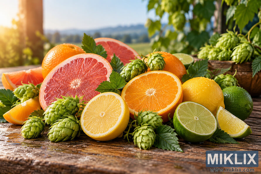 Photorealistic still life of pink grapefruit, oranges, lemons and limes surrounded by fresh green hop cones and leaves on a rustic wooden table in warm sunlight. Photorealistic still life of pink grapefruit, oranges, lemons and limes surrounded by fresh green hop cones and leaves on a rustic wooden table in warm sunlight.