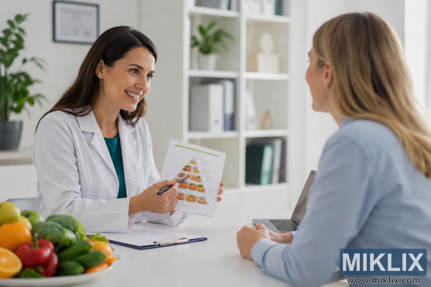 Healthcare professional in a bright modern office consulting with a patient about healthy dietary choices while reviewing a nutrition chart beside fresh fruits and vegetables. Healthcare professional in a bright modern office consulting with a patient about healthy dietary choices while reviewing a nutrition chart beside fresh fruits and vegetables.