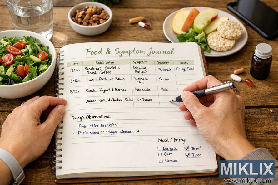 A person writing in a food and symptom journal at a wooden table surrounded by healthy foods and drinks. A person writing in a food and symptom journal at a wooden table surrounded by healthy foods and drinks.