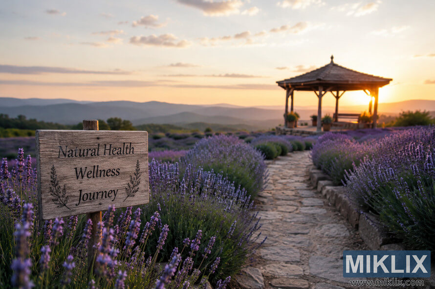 A tranquil lavender garden at sunset with a winding stone pathway leading toward a wooden pavilion, surrounded by blooming purple lavender fields and rolling hills under a warm pastel sky, symbolizing natural health and wellness. A tranquil lavender garden at sunset with a winding stone pathway leading toward a wooden pavilion, surrounded by blooming purple lavender fields and rolling hills under a warm pastel sky, symbolizing natural health and wellness.