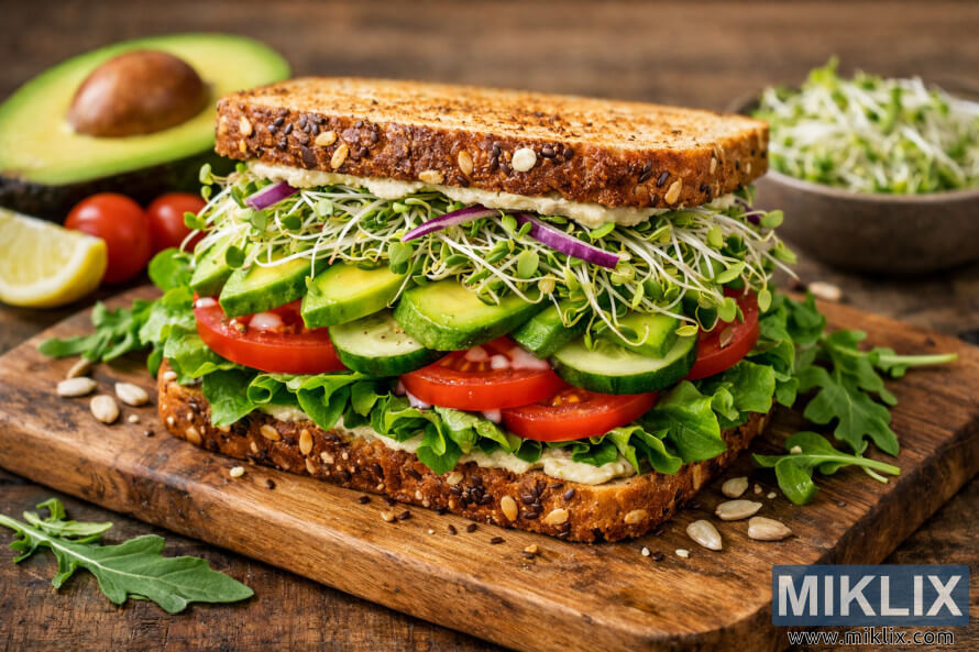 Sandwich aux cÃ©rÃ©ales complÃ¨tes avec avocat, tomate, concombre, laitue et pousses de luzerne, servi sur une planche Ã  dÃ©couper en bois avec des ingrÃ©dients frais en arriÃ¨re-plan.