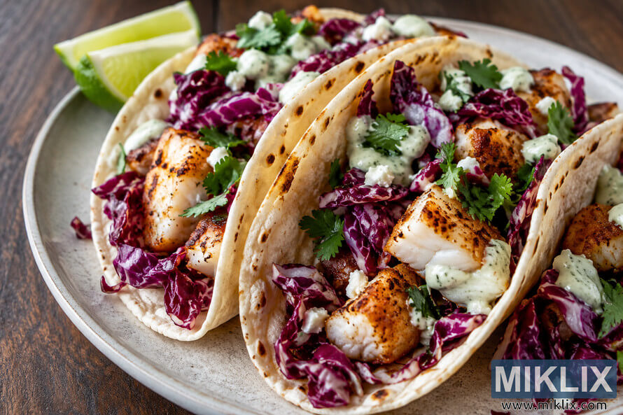 Close-up landscape photograph of soft fish tacos filled with golden-seared white fish, vibrant shredded radicchio, creamy herb sauce, fresh cilantro, white cheese crumbles, and lime wedges on a ceramic plate atop a rustic wooden table. Close-up landscape photograph of soft fish tacos filled with golden-seared white fish, vibrant shredded radicchio, creamy herb sauce, fresh cilantro, white cheese crumbles, and lime wedges on a ceramic plate atop a rustic wooden table.
