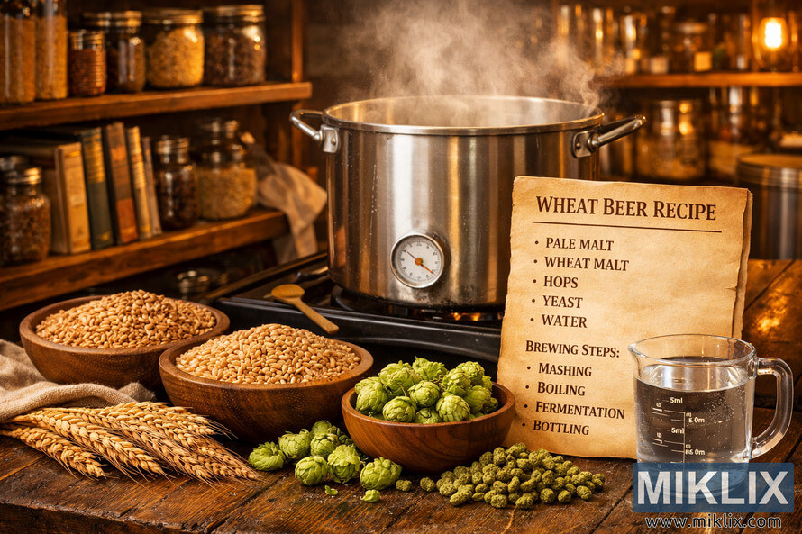 A warm, inviting brewery scene showing a stainless steel brew kettle steaming on a stovetop, surrounded by bowls of pale malt, wheat, and fresh hops, with a measuring cup of water and a parchment recipe labeled 'Wheat Beer Recipe' in the foreground. Wooden shelves filled with brewing books and jars of spices glow under soft golden light in the background. A warm, inviting brewery scene showing a stainless steel brew kettle steaming on a stovetop, surrounded by bowls of pale malt, wheat, and fresh hops, with a measuring cup of water and a parchment recipe labeled 'Wheat Beer Recipe' in the foreground. Wooden shelves filled with brewing books and jars of spices glow under soft golden light in the background.