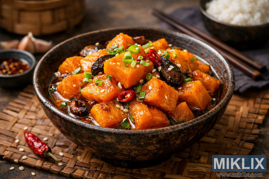 Close-up photograph of an Asian-style pumpkin dish served in a rustic dark ceramic bowl on a woven bamboo mat. The bowl is filled with tender orange pumpkin chunks coated in a glossy savory sauce, garnished with thinly sliced green onions, white sesame seeds, dried red chili slices, and a few dark shiitake mushrooms. In the softly blurred background, a small dish of chili oil, a bamboo steamer, a bowl of steamed white rice, and a pair of chopsticks on a folded cloth napkin complete the warm, inviting dining scene.