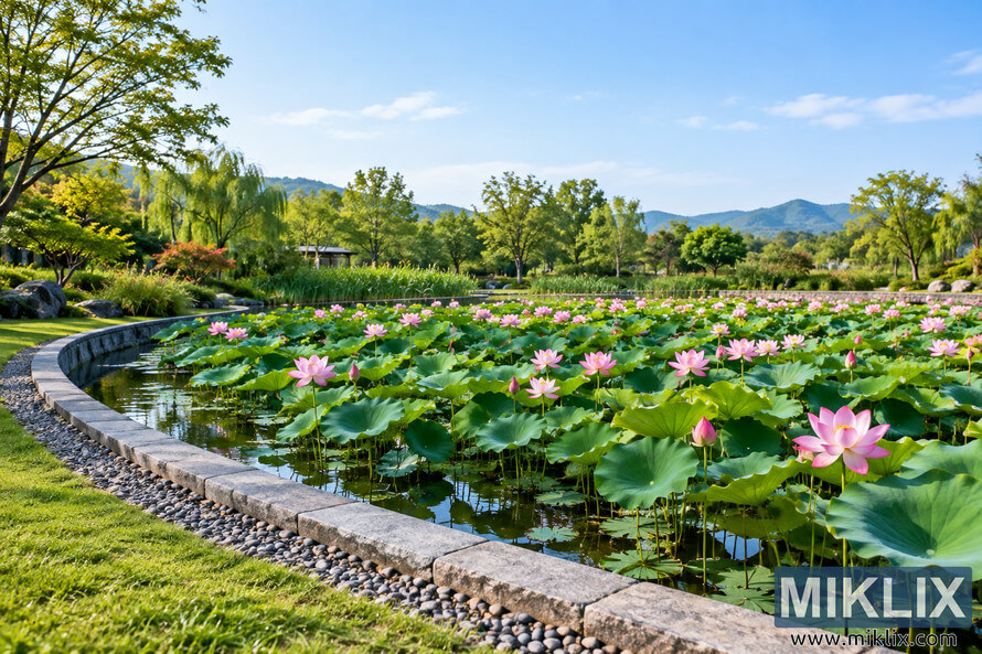 Landscaped lotus pond filled with green leaves and pink flowers, contained by a curved gray stone boundary beside lawn and garden trees.