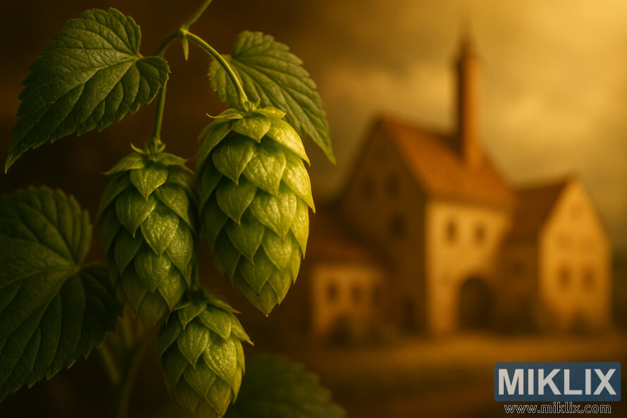 Close-up of fresh green Hallertau hop cones glistening in golden light with a blurred German brewery in the background.