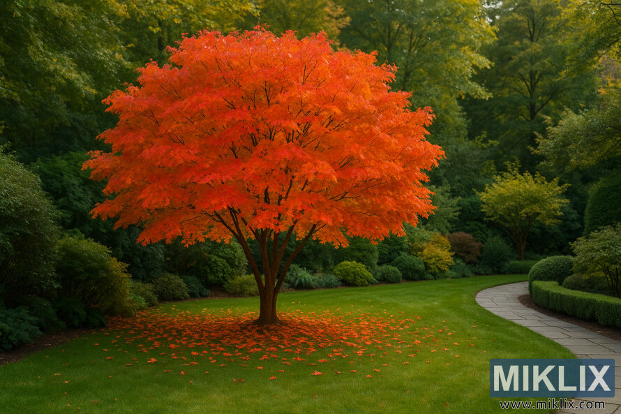 Ãrable au feuillage dâautomne rouge, orange et dorÃ© dans un jardin serein.