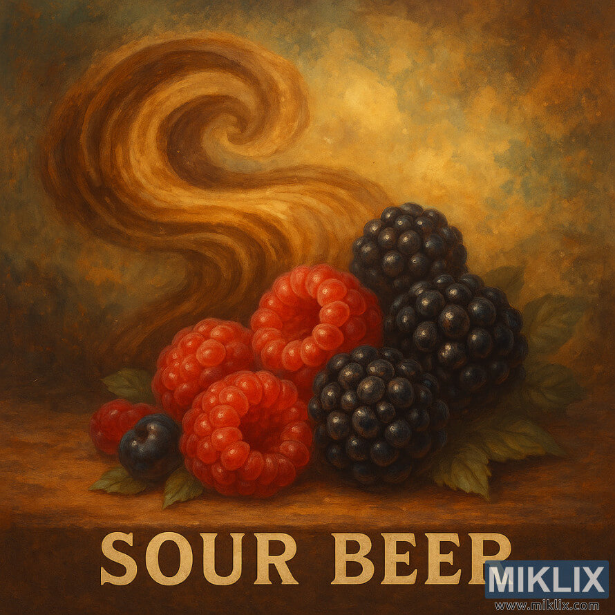 Å»ywa ilustracja czerwonych malin i jeÅ¼yn w ciepÅym oÅwietleniu z wirujÄcymi tonami dÄbu i karmelu, oddajÄca smak kwaÅnego piwa.