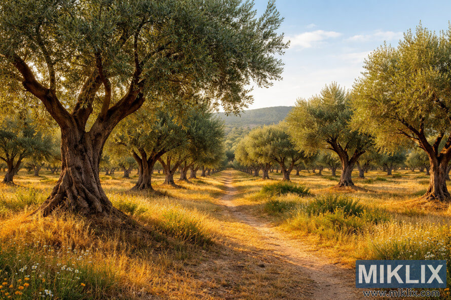 Sunlit olive plantation with rows of mature trees, a dirt path running through the grove, and rolling hills under a clear blue sky. Sunlit olive plantation with rows of mature trees, a dirt path running through the grove, and rolling hills under a clear blue sky.
