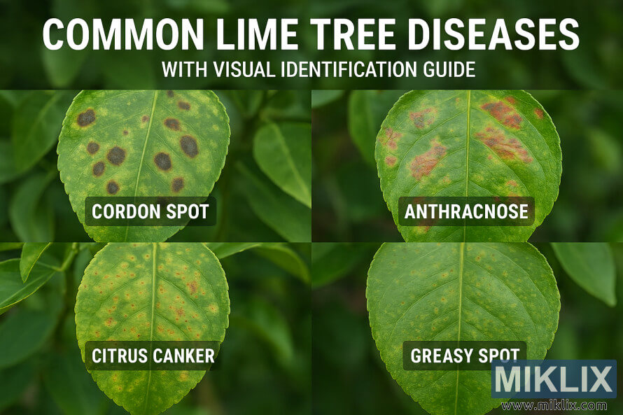 High-resolution educational image showing five common lime tree diseases with labeled leaf symptoms