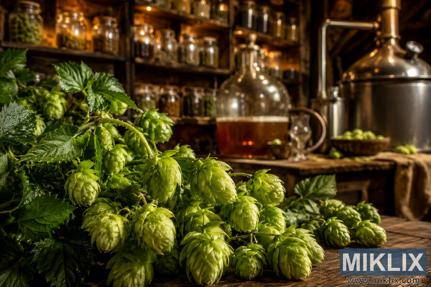 Fresh green Triskel hops covered in morning dew arranged on a rustic wooden table in a cozy brewery setting with brewing equipment, glass fermenter, kettle, and warm ambient lighting.