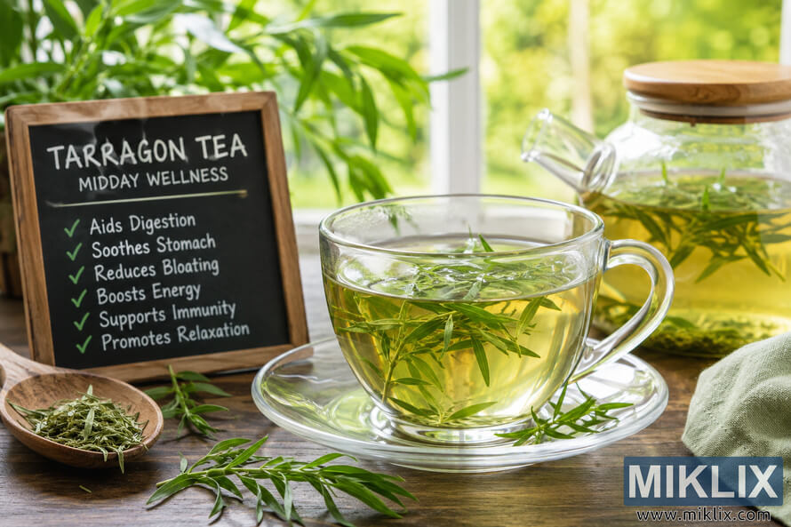 A sunlit afternoon scene featuring a clear glass cup of freshly brewed tarragon tea on a rustic wooden table beside fresh tarragon sprigs, a glass teapot, and a wellness chalkboard listing herbal health benefits.