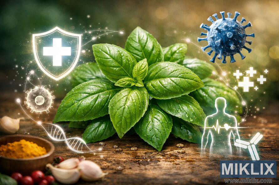 Fresh basil leaves surrounded by glowing health icons, symbolizing immunity and disease prevention benefits. Fresh basil leaves surrounded by glowing health icons, symbolizing immunity and disease prevention benefits.