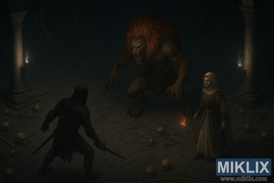 IlustraciÃ³n de paisaje de fantasÃ­a oscura de los Deslucidos enfrentÃ¡ndose a un IlegÃ­timo Leonino y a la Perfumista Tricia en una cÃ¡mara subterrÃ¡nea iluminada con antorchas llena de huesos.