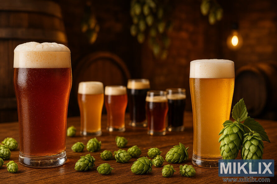 Assorted beer styles featuring Herkules hops on a rustic wooden table in a cozy brewery setting