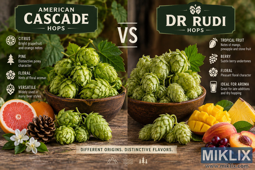 Landscape comparison of American Cascade and Dr Rudi hops, with bowls of fresh green hop cones, Cascade-associated citrus, pine and floral elements on the left, and Dr Rudi-associated tropical fruit, berries and floral elements on the right. Landscape comparison of American Cascade and Dr Rudi hops, with bowls of fresh green hop cones, Cascade-associated citrus, pine and floral elements on the left, and Dr Rudi-associated tropical fruit, berries and floral elements on the right.