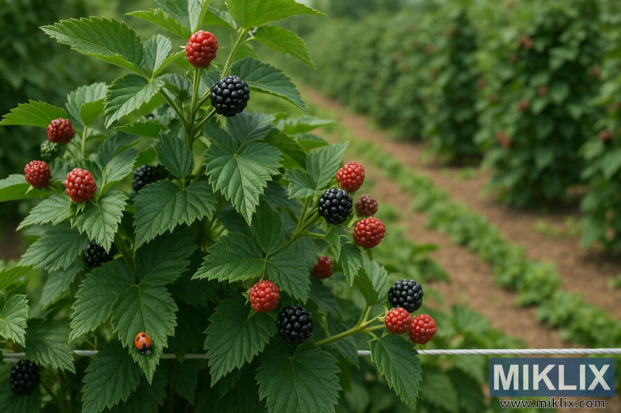 Gros plan sur des plants de mÃ»riers sains, avec des baies mÃ»res et non mÃ»res, et une coccinelle sur une feuille, dans un champ cultivÃ©.