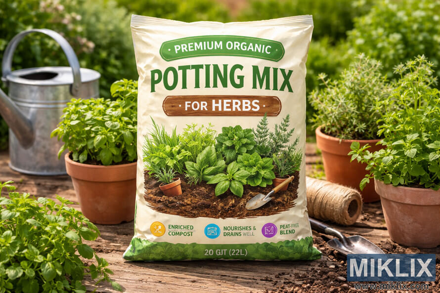 Bag of premium organic potting mix for herbs standing on a rustic wooden table surrounded by potted herbs and gardening tools.