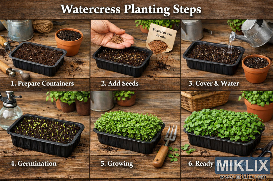 Collage showing six stages of planting watercress in containers, from preparing soil and sowing seeds to germination, growth, and harvest.