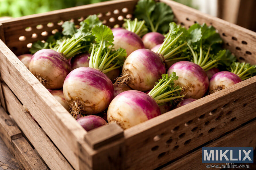 Freshly harvested purple and white turnips with green tops resting in a ventilated wooden crate.